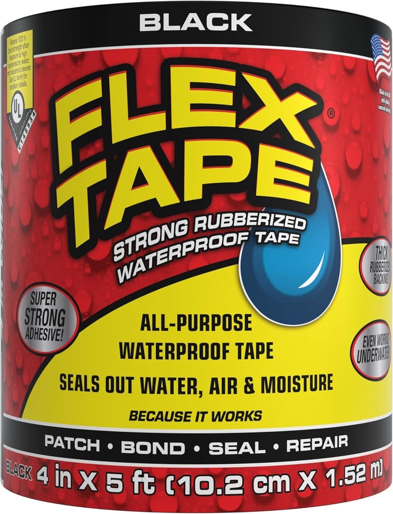 FLEX TAPE , Original Thick Flexible Rubberized Waterproof Tape - Seal and Patch Leaks, Works Underwater, Indoor Outdoor - Home RV Roof Plumbing and Pool Repairs, Black, 4 in x 5 ft, Pack of 1 - Image 1